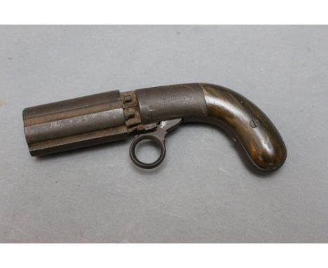 J R Coopers Patent six shot pepperbox percussion pistol, having 3" barrels, overall length 18.5 cm.