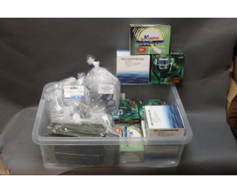 Box lot containing 3 Fladen Charter BB reels, 3 Vigor Jade reels, two boxes of fishing lights, 20 pairs of braid cutters, 20 