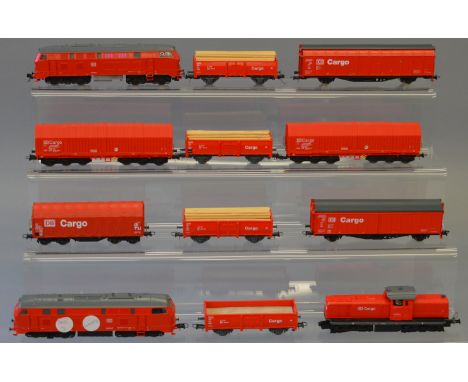 H0 scale. Roco.  3 x DB diesel locomotives together with 9 x DB cargo rolling stock. Overall F/G