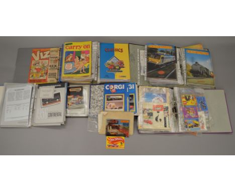 Good quantity of brochures & catalogues. Dinky, Corgi, Marklin, Scalextric etc. Together with a folder of adult humor magazin