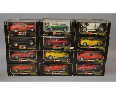 Twelve boxed Bburago 1:18 scale diecast models including examples of Porsche, Ferrari, Mercedes and Lamborghini cars. Models 