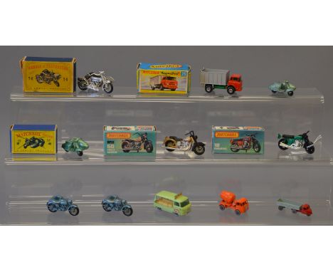 Five boxed Matchbox 1-75 series models, 36b Lambretta and Sidecar G+ in F box with some graffiti and four from the Superfast 