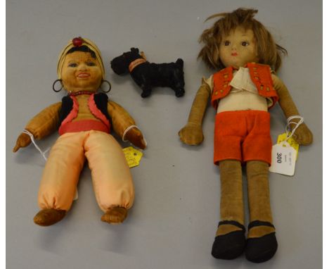 2 x Chad Valley dolls. 13" Boy doll, brown glass eyes, celluloid button on abck, very rare, with plush Scottie dog and tartan