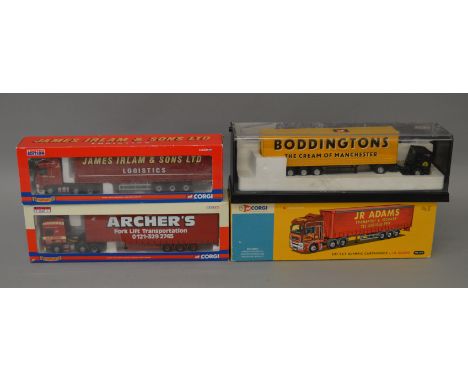 Four boxed Corgi 1:50 scale trucks including ERF models 75202 Boddingtons (mirrors attached) and  AN13418  Adams (mirrors bag