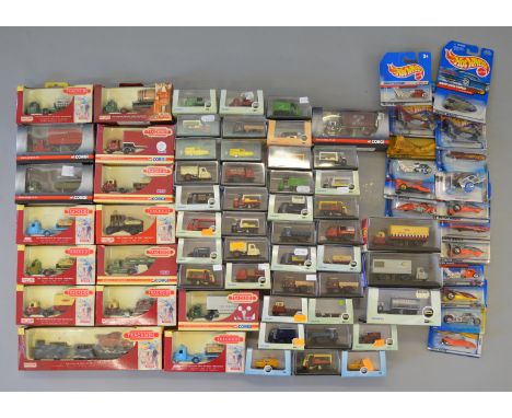 17 x Hotwheels cars, all in boxes, plus 56 Corgi, Lledo and Oxford boxed diecast cars, all in 1:76 scale. 