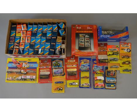 50+ boxed Matchbox later issue 1-75 series models, appear G+ in boxes ranging from F to G+ together with some carded smaller 