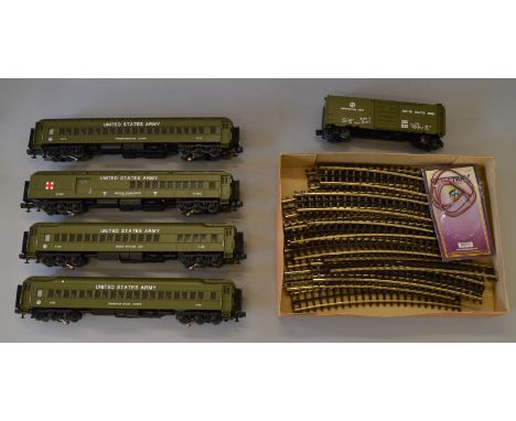 O Gauge. MTH Railking. 4 Maddison illuminated passenger cars & box car. United States Army livery. Together with curved track