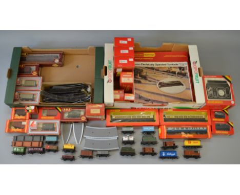 OO Gauge. Tri-ang, Hornby, Lima & Airfix mixed lot includes 29 x wagons some repaints, 4 x coaches, buildings, turntable etc.