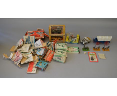Box of mixed Britains models including Army Jeep, VW and some empty boxes. 