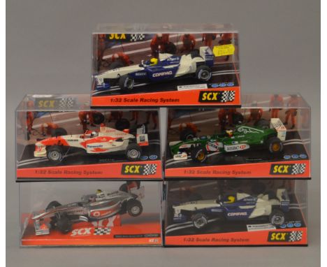 5 x SCX cars. Jaguar F1 de la Rosa. 2 x Williams F1 No5 2001. Toyota F1 Interlagos. Vodafone McLaren Mecedes MP4-26 Button. 
