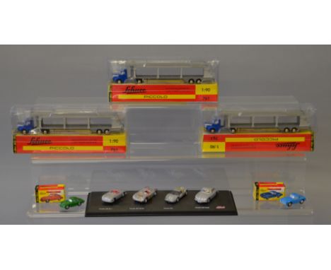 Three boxed Schuco Piccolo 01531 Car Transporter models in 1:90 scale, a boxed  Mercedes 190SL and a Porsche 356A together wi