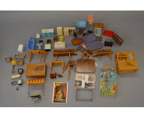 Assorted lot of dolls furniture, including desk, chairs, tables etc, plus bagatelle game. 