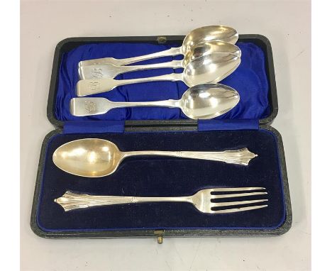 Boxed Silver Christening fork and spoon with 4 Georgian Silver Tea Spoons total silver weight 107g 