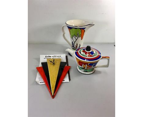  3 art deco style pottery items includes Tea pot  by sadler ,clock and Jug by wade edge paint loss to jug 