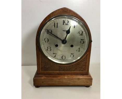 Antique mahogany Inlaid Mantle Clock complete with key and pendulum measures approx 