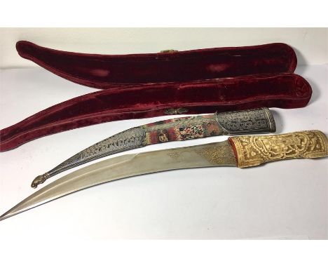 Rare 19th Century Cased Indo Persian Jambiya Dagger with Niello Silver Scabbard Fittings , Carved Ivory Grip in Fitted Velvet