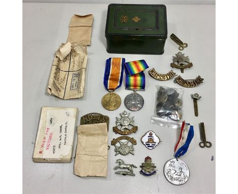 Collection of WW1 Military Items Includes pair ww1 medals to PTE.E.B.COXON Notts & Derby .R  ETC 