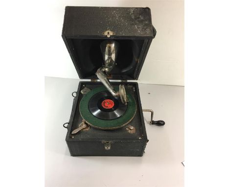 Small Antique Table top Decca wind up gramophone does play but case needs restoration complete with old records 