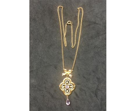 Art Deco 9ct Gold Amethyst Seed-pearl & Enamel Pendant with chain hallmarked on back 9ct chain also hallmarked 9ct pendant me