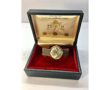 Boxed Gents Vintage 9ct Gold Zenith Automatic Wristwatch & Strap watch is ticking but no warranty is Given comes in original 