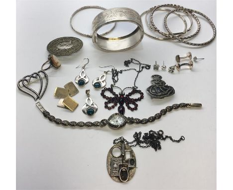 Assorted vintage and later Silver Jewellery includes garnet necklace silver Marcasite watch ,bangle brooches etc total weight