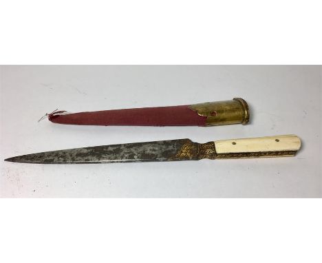 Early 19th Century Indian Kard Dagger with Koftgari Gold Inlay Bone Grips in Wooden Covered Scabbard with gilt top mount leng