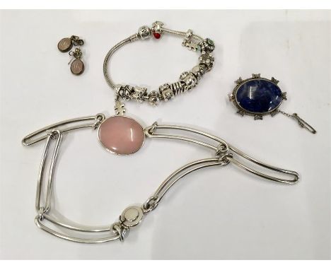 Collection of vintage silver jewellery to include pandora bracelet earring broach and stone set necklace