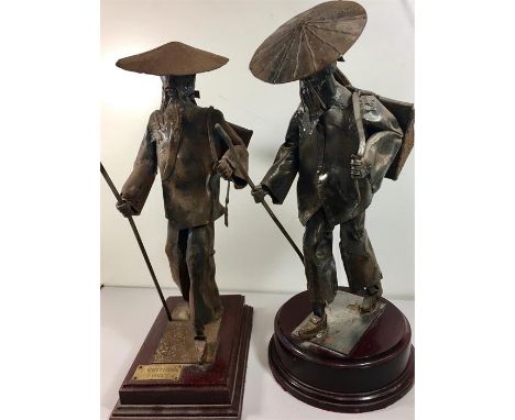 2 Vintage Metal sculptured figures of Chinese men by R.Whitmore measure approx17" tall 