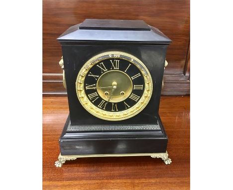 Large Victorian slate bracket clock brass mounted lion handles and brass pad feet, movement signed R&C Paris and London 