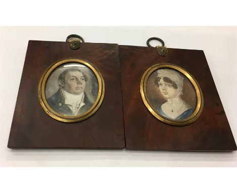 2 x Antique Miniature portrait paintings , 1 x lady and 1 x gentleman.