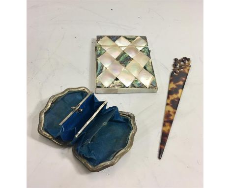 Antique mother of pearl card case tortoise shell purse