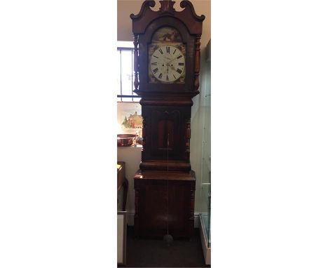 Mahogany Long case Newcastle painted 8 day arch dial clock, Approx measurements: Height 90 Inches, Width 24 Inches, Depth: 10