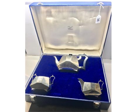 Original boxed 3 piece Silver tea service Calcutta India hall marked sterling total 1350g