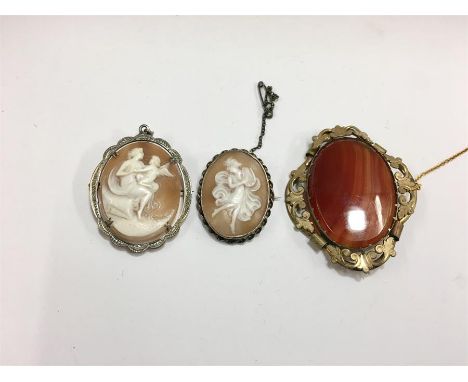 3 Vintage Brooches 2 cameo & 1 Agate 