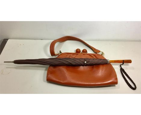 Vintage Bakelite Handled Umbrella & Hand Bag 