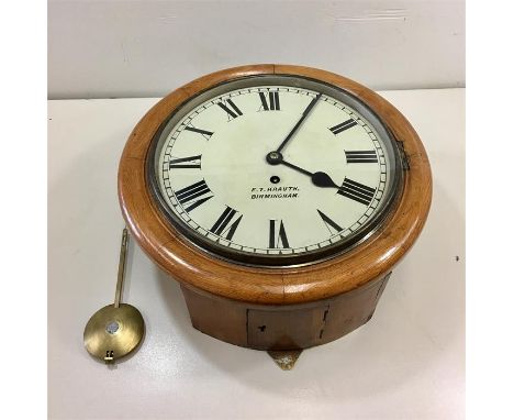 Antique Oak Framed Round School Clock 15ins diameter all complete with key and pendulum 