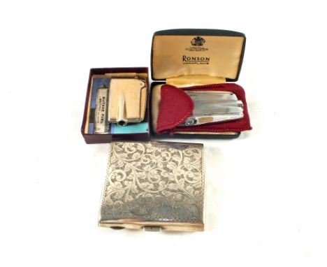 A Silver cigarette case, Birmingham 1924 and two boxed Ronson lighters