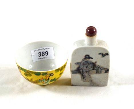 A 19th Century Chinese porcelain flask shaped snuff bottle and a yellow ground tea bowl, underglaze six character mark to bas