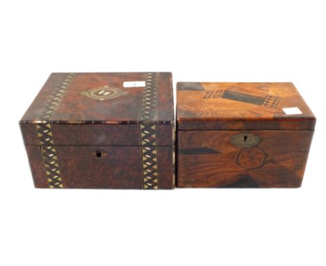 A 19th Century inlaid Walnut workbox and a Japanese marquetry tea caddy