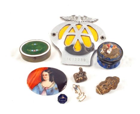 A 19th Century enamel patch box (damaged), an AA badge, gilt Cornelian seal and other items