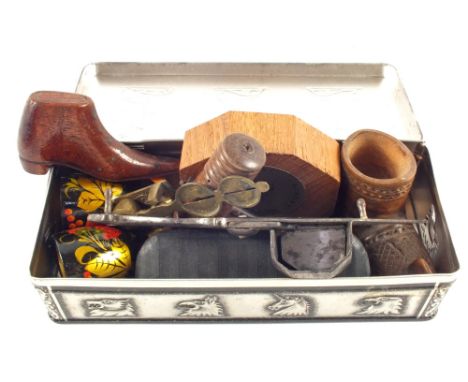 A Georgian wooden shoe snuff box, Brass Sovereign scale and other items