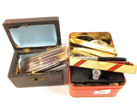 Various small china ornaments etc and a small Mahogany tea caddy plus various pens
