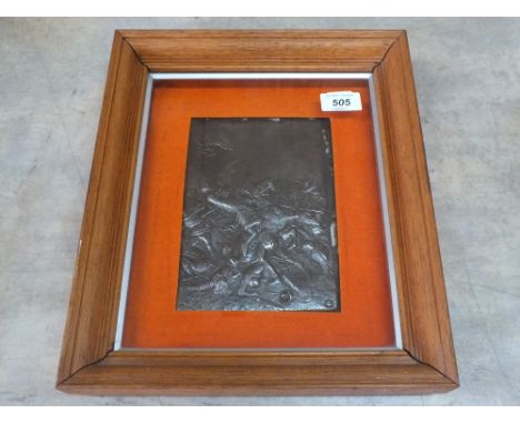 A framed relief metal battle scene plaque, 7" x 5"
