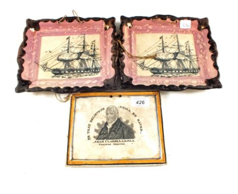 A pair of 19th Century Sunderland lustre ship plaques and an Adam Clarke Wesleyan plaque (chipped)