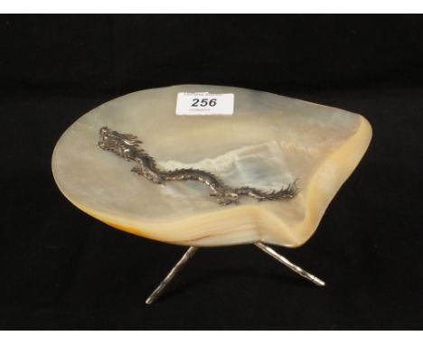A Chinese Mother of Pearl dish with white metal fittings marked L.W. and Ideograph with applied dragon decoration