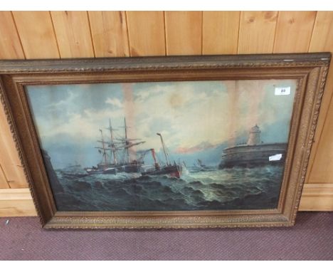 A oleograph of a tug, vessel and lifeboat, 18" x 28"
