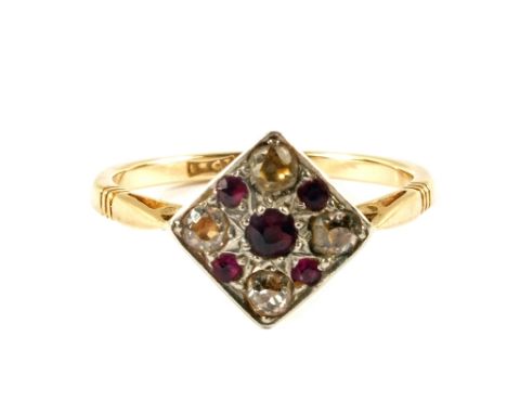 An 18ct Gold Art Deco Ruby and Diamond ring in square setting, size N