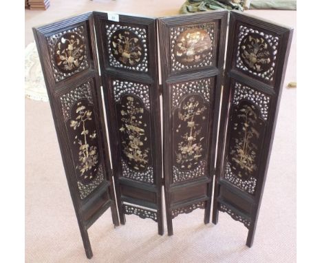 A 18th Century Chinese Mother 'O' Pearl inlaid four panelled folding wooden screen, height 39"