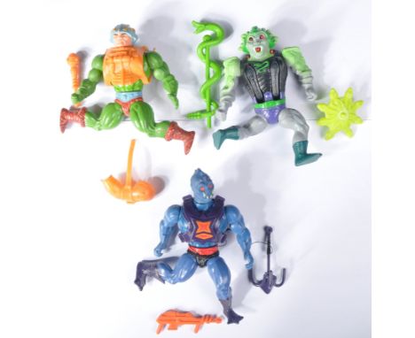 Masters Of The Universe - x3 vintage 1980s Mattel made Masters Of The Universe MOTU He-Man action figures comprising; Webstor