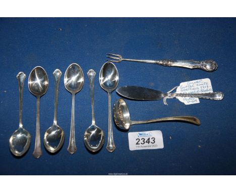 A small quantity of silver flatware including Sheffield teaspoons (possibly 1927), butter knife (1917), silver mounted pickle